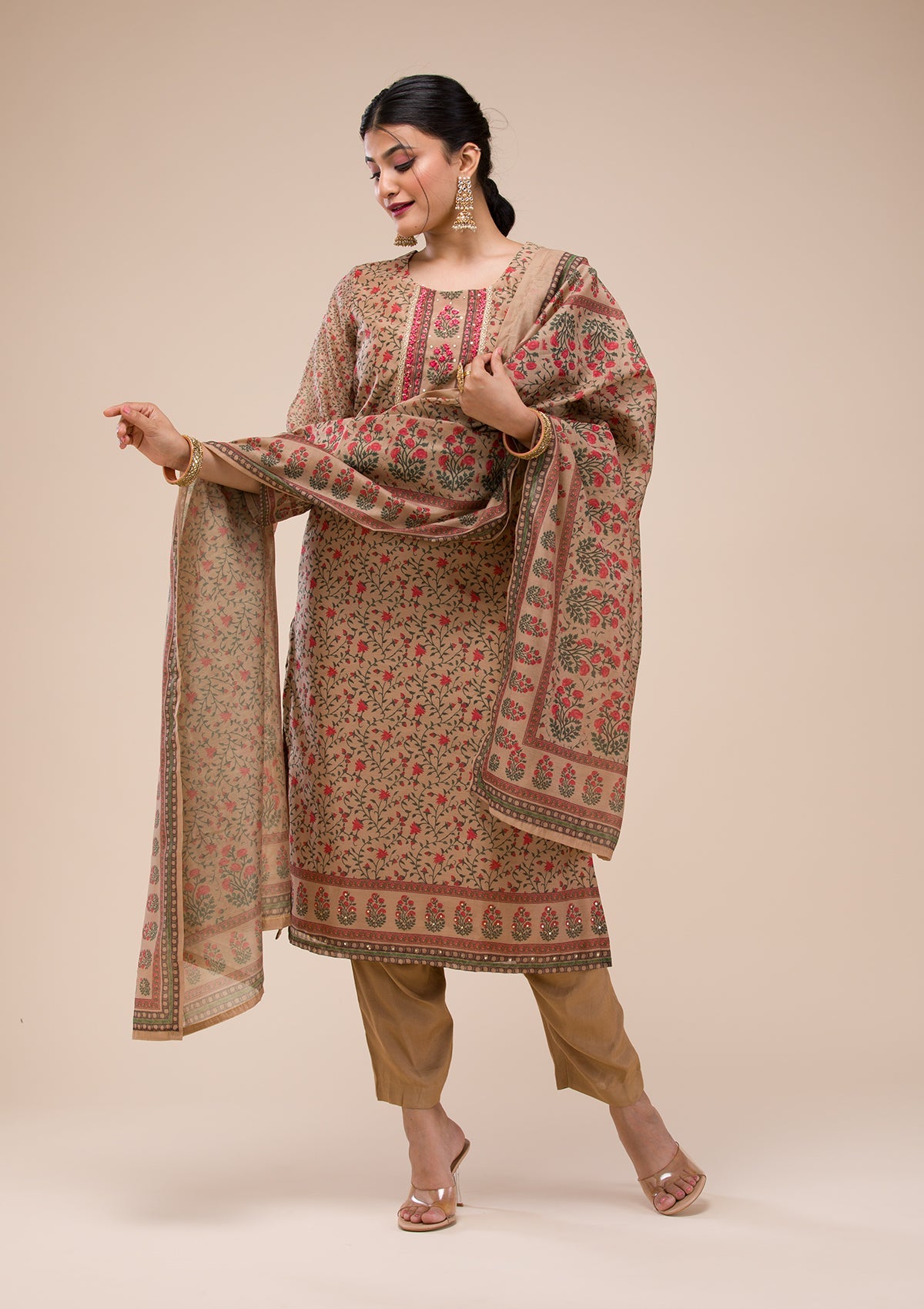 Beige Threadwork Chanderi Readymade Salwar Suit-Koskii