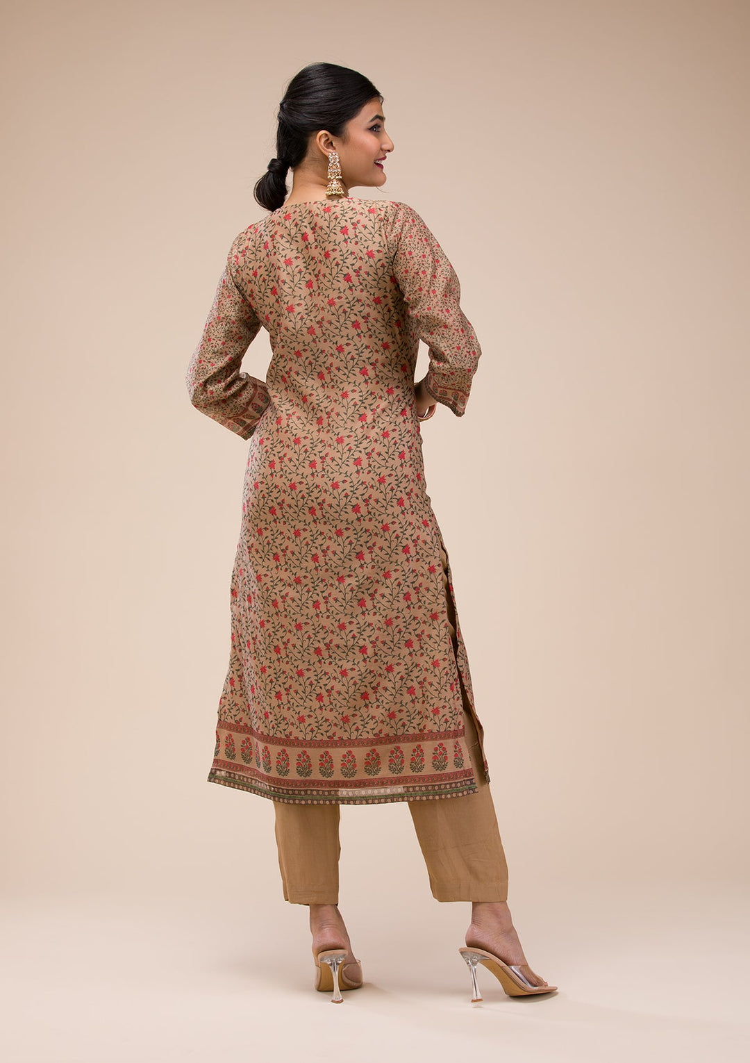 Beige Threadwork Chanderi Readymade Salwar Suit-Koskii
