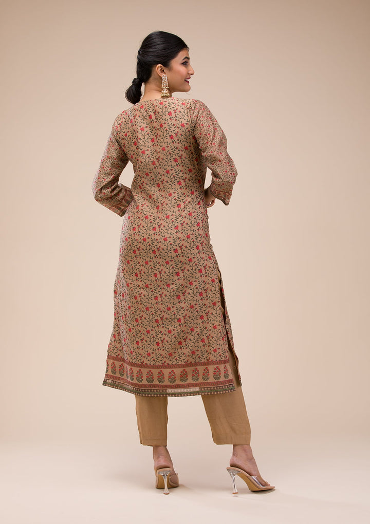 Beige Threadwork Chanderi Readymade Salwar Suit-Koskii