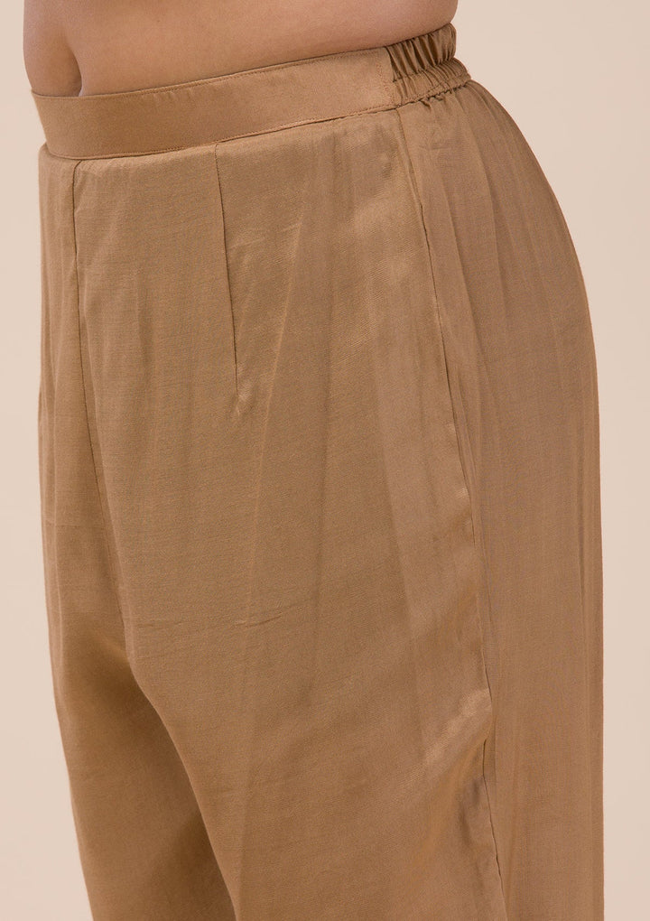 Beige Threadwork Chanderi Readymade Salwar Suit-Koskii