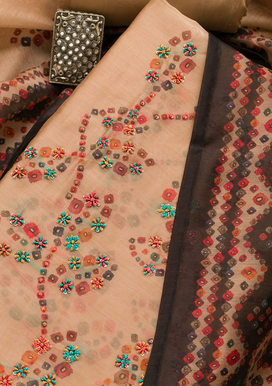Beige Threadwork Chanderi Unstitched Salwar Suit-Koskii