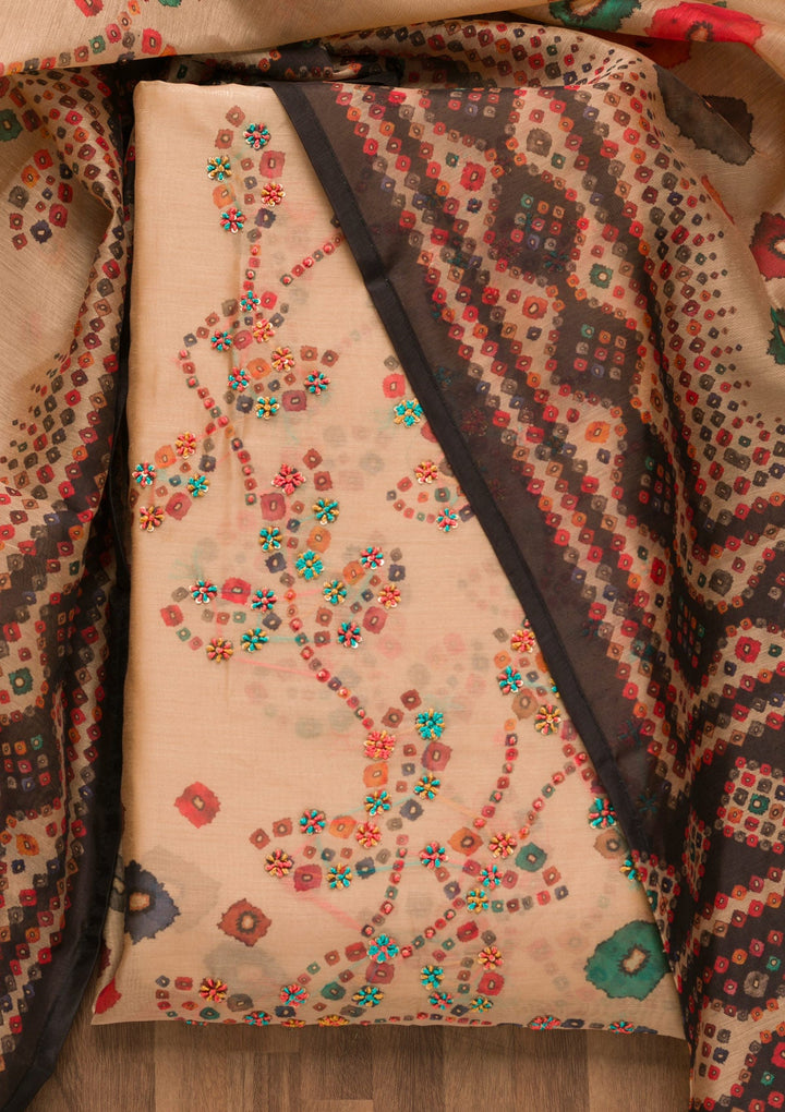 Beige Threadwork Chanderi Unstitched Salwar Suit-Koskii