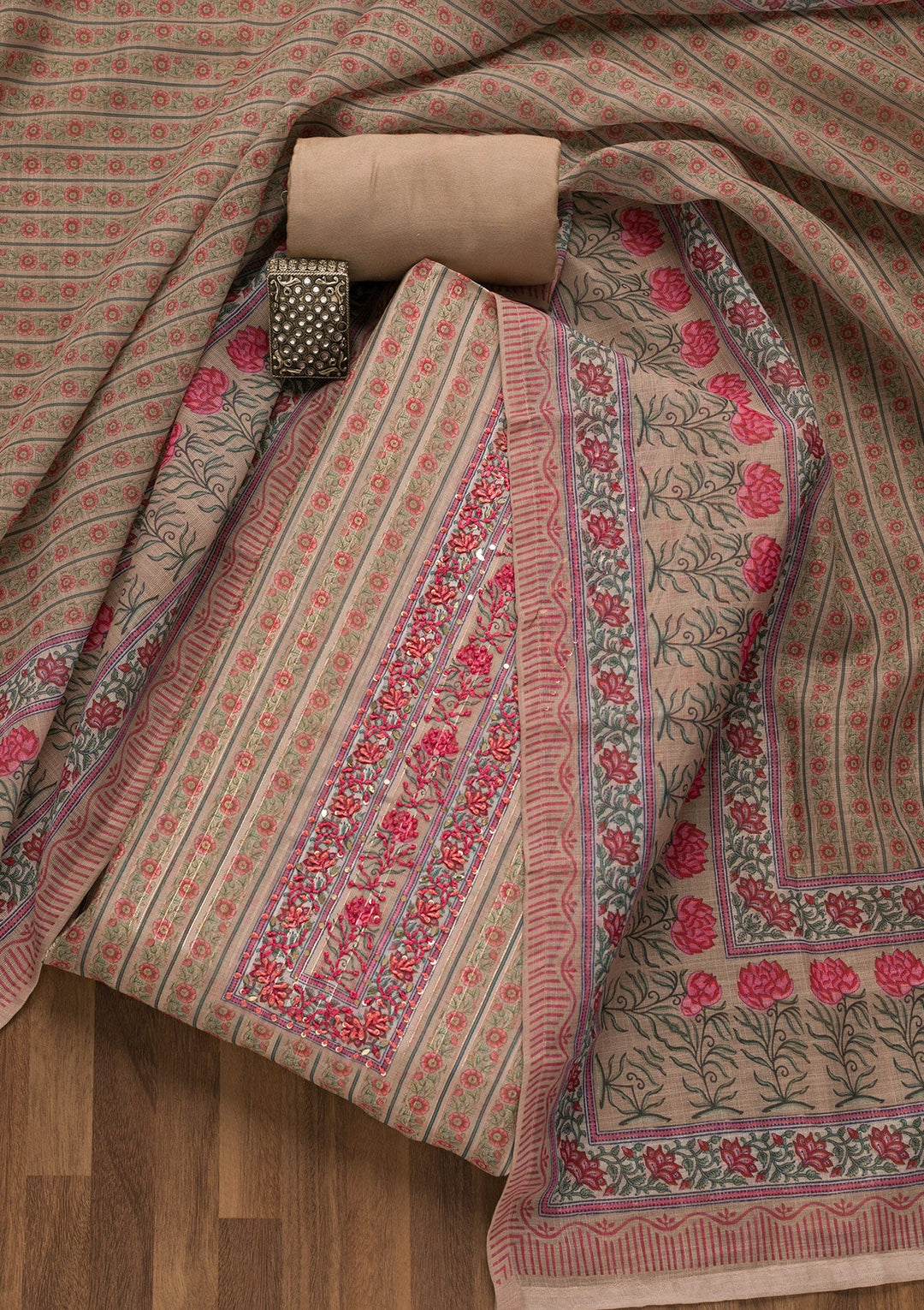 Beige Threadwork Chanderi Unstitched Salwar Suit-Koskii