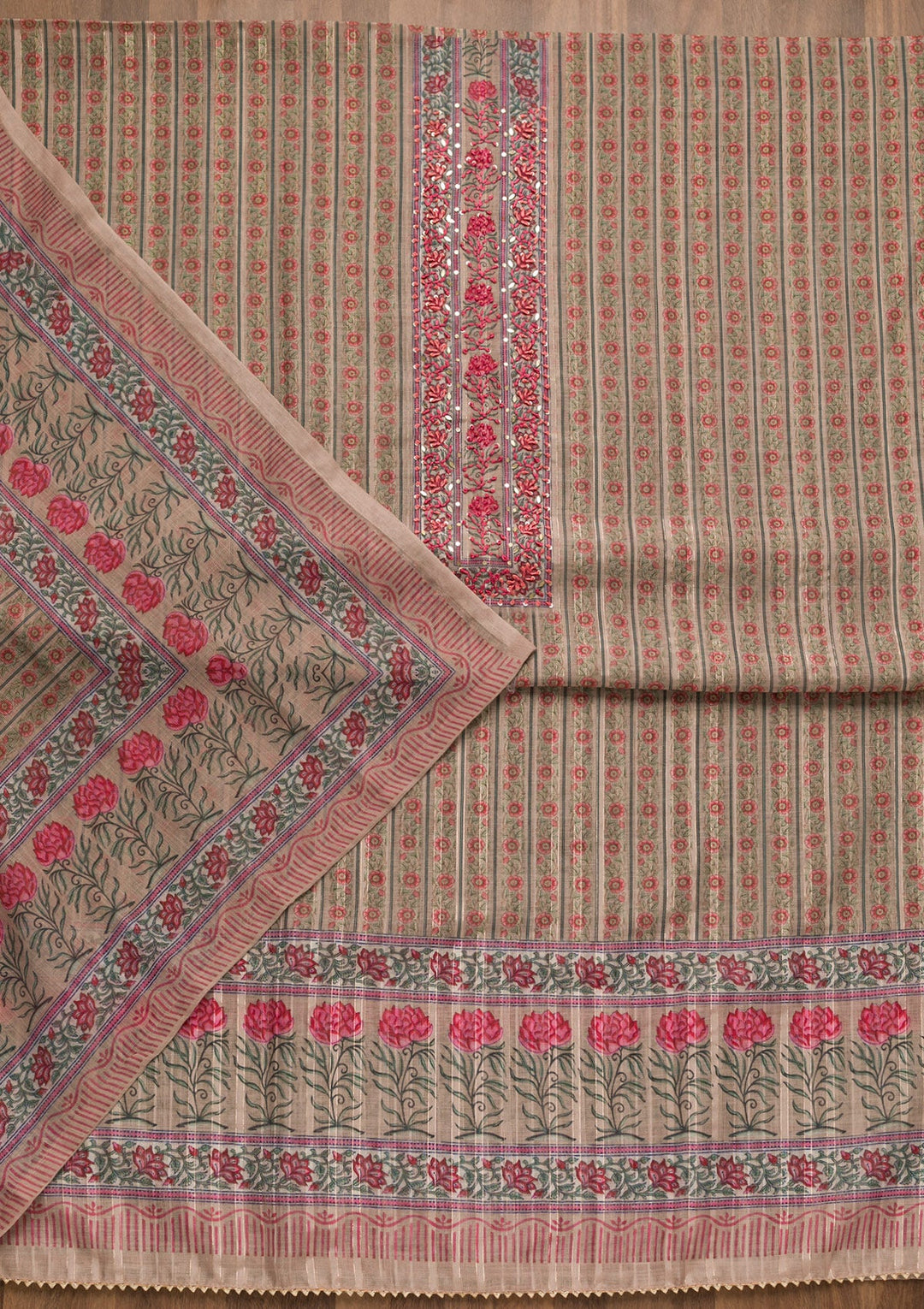 Beige Threadwork Chanderi Unstitched Salwar Suit-Koskii