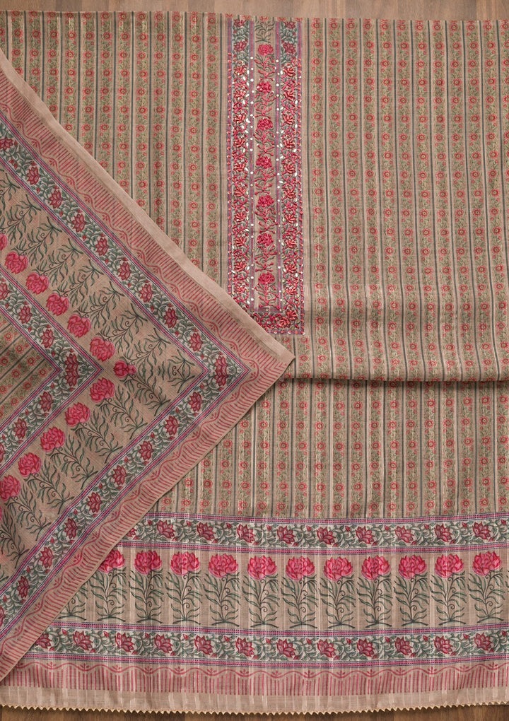 Beige Threadwork Chanderi Unstitched Salwar Suit-Koskii