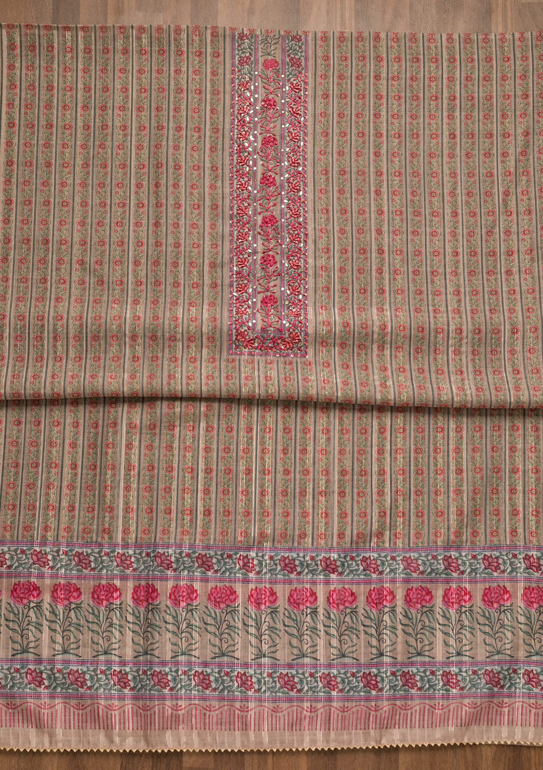 Beige Threadwork Chanderi Unstitched Salwar Suit-Koskii