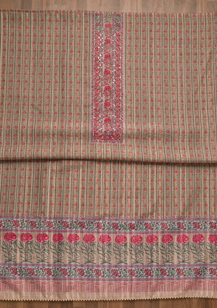 Beige Threadwork Chanderi Unstitched Salwar Suit-Koskii