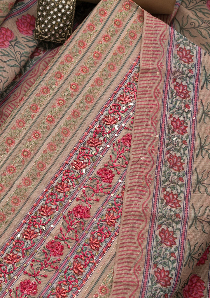 Beige Threadwork Chanderi Unstitched Salwar Suit-Koskii