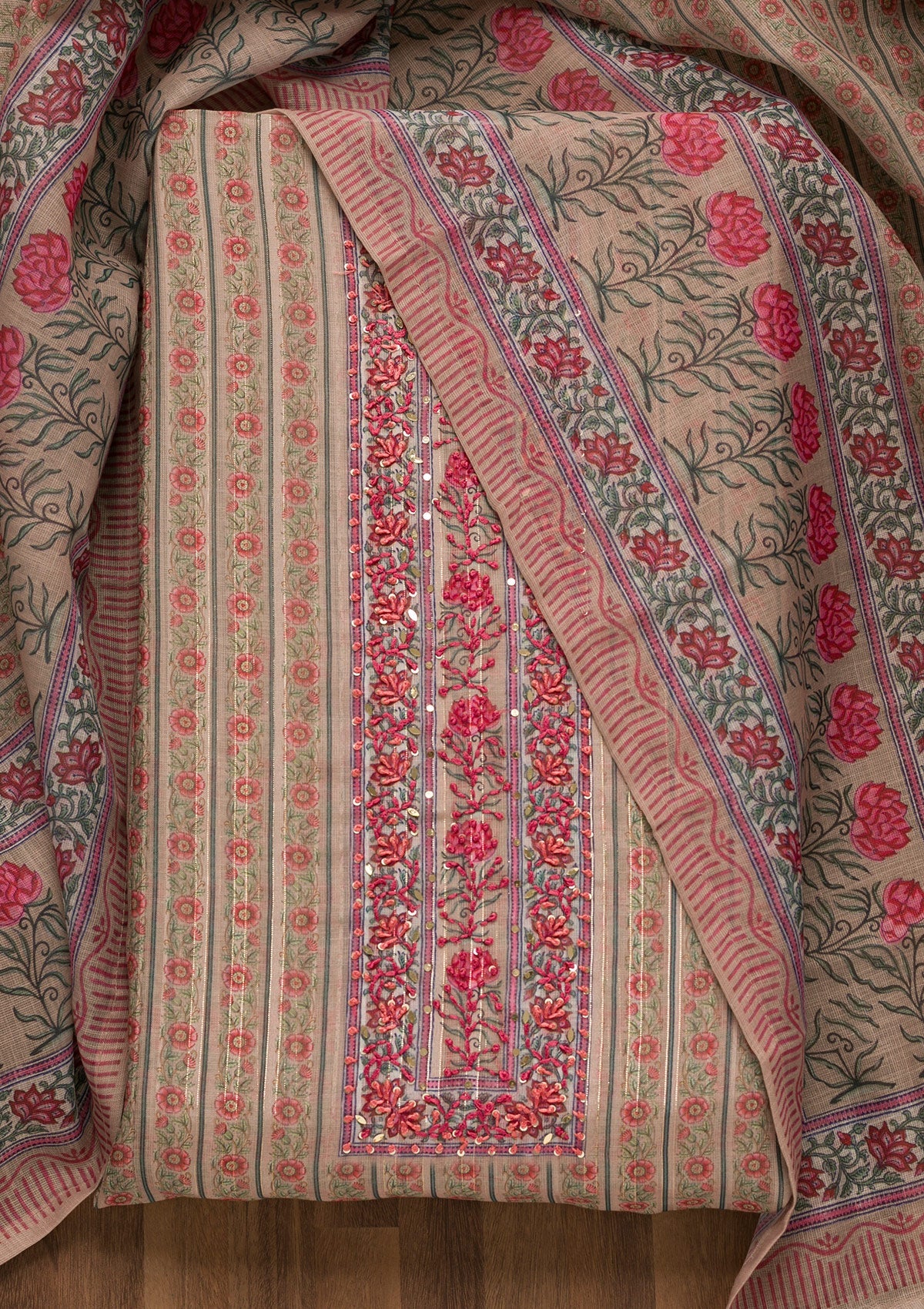 Beige Threadwork Chanderi Unstitched Salwar Suit-Koskii