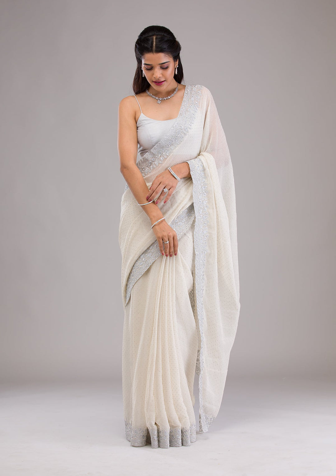 Beige Threadwork Georgette Saree-Koskii