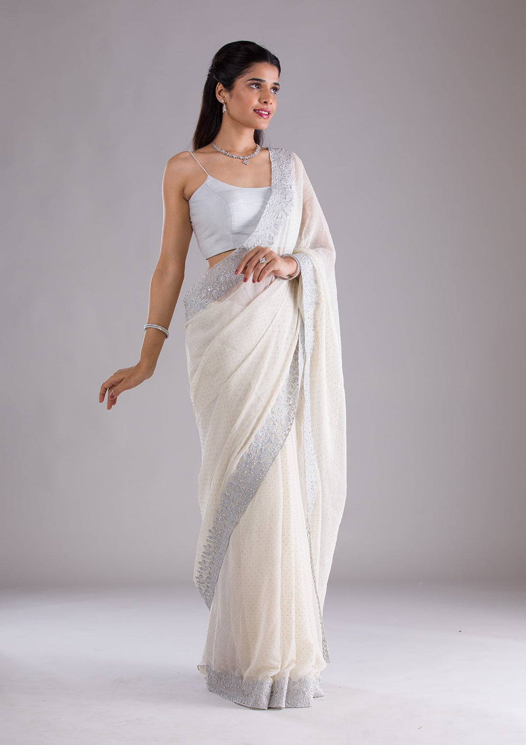 Beige Threadwork Georgette Saree-Koskii