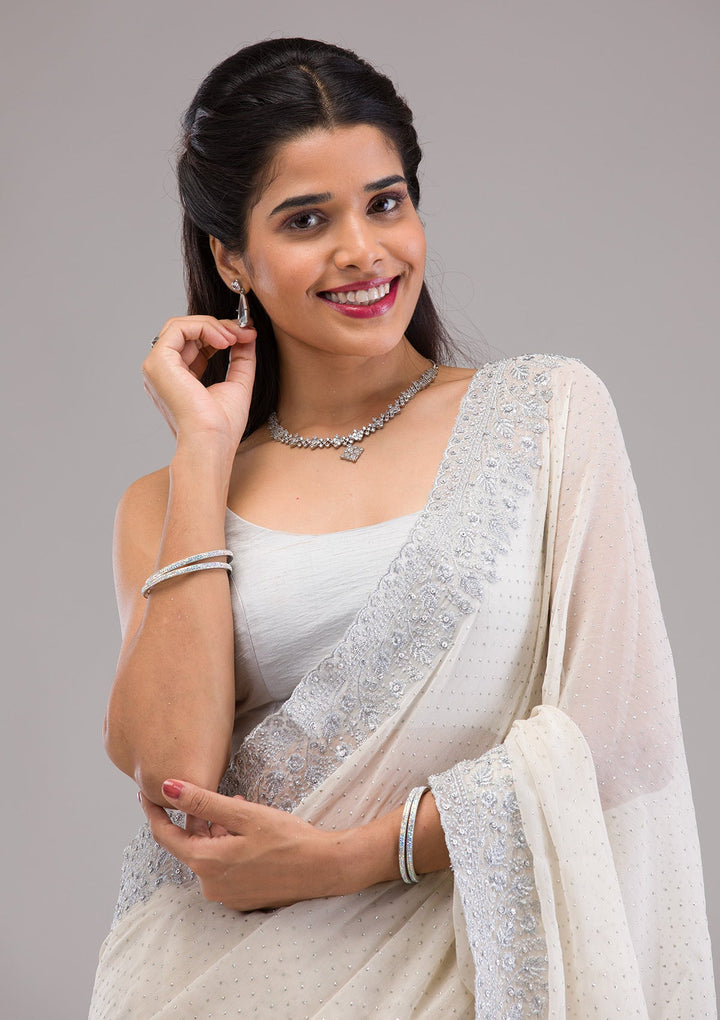 Beige Threadwork Georgette Saree-Koskii