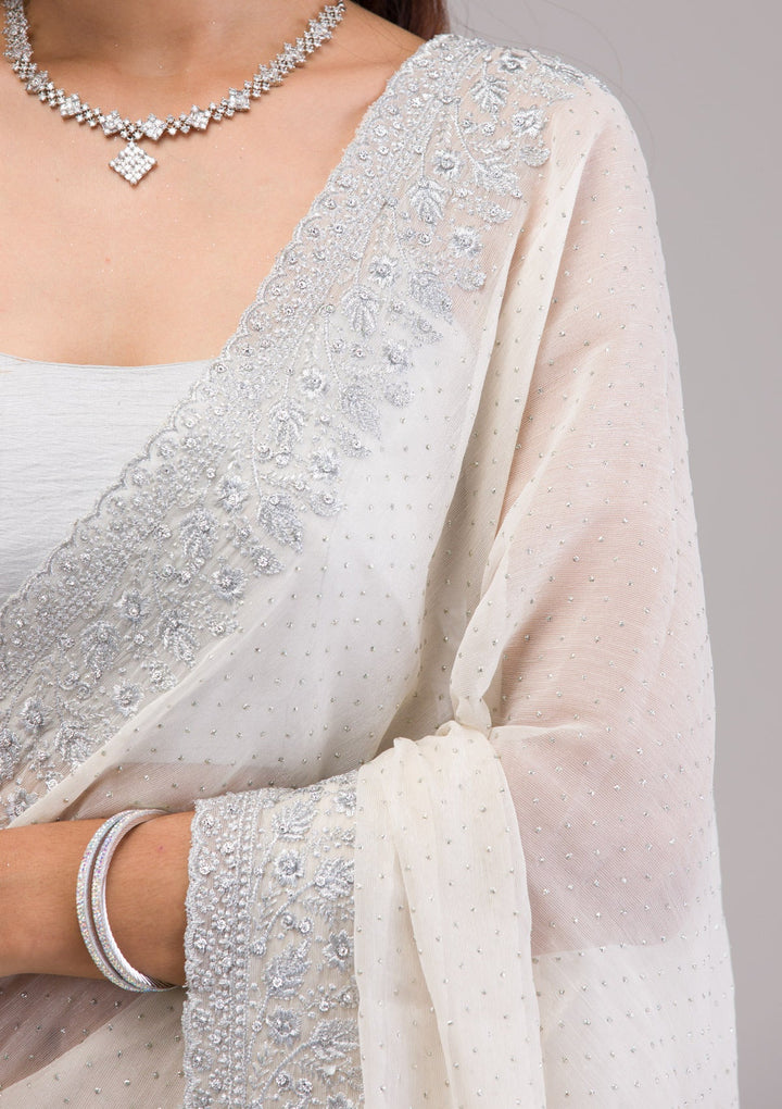 Beige Threadwork Georgette Saree-Koskii
