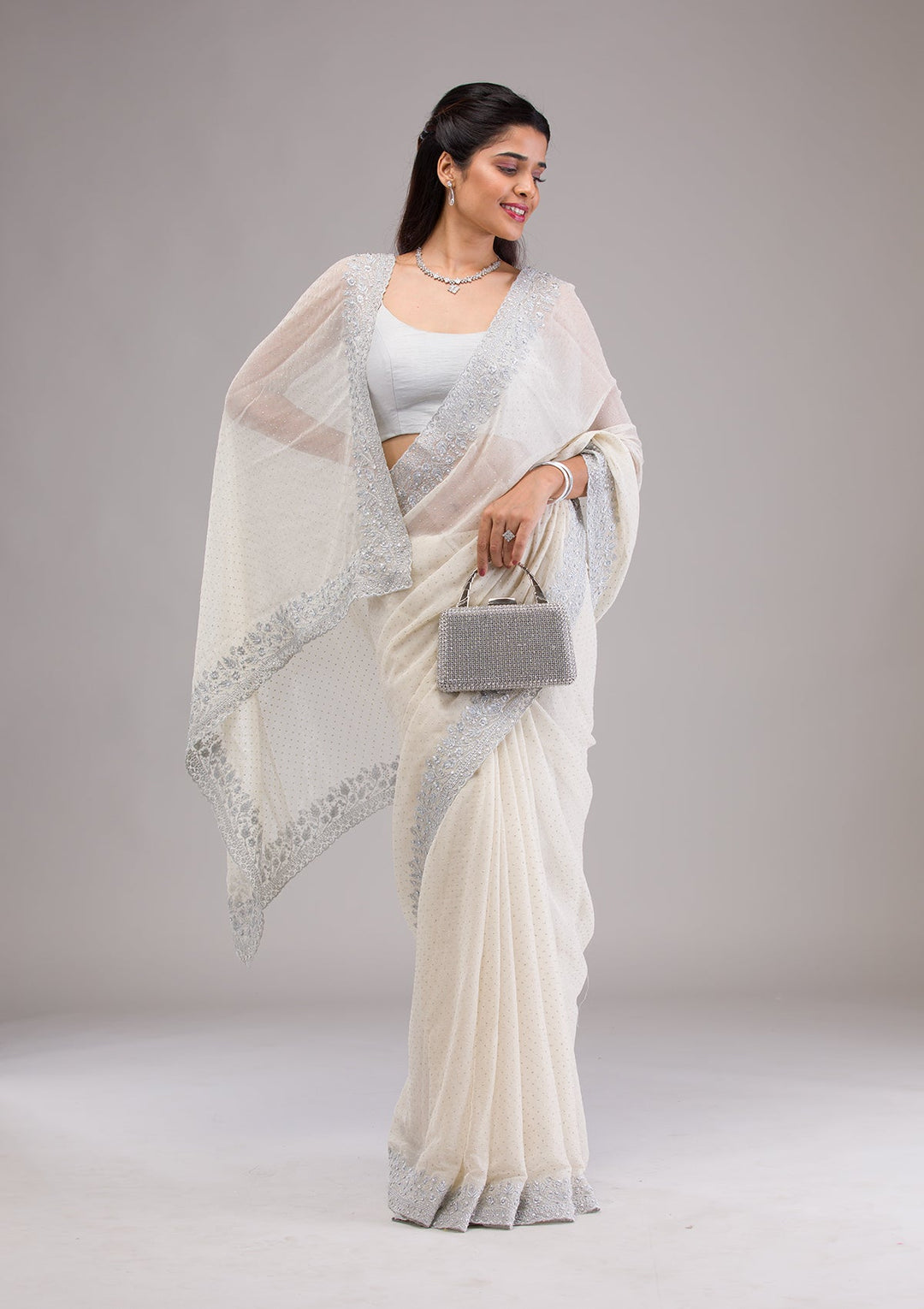 Beige Threadwork Georgette Saree-Koskii