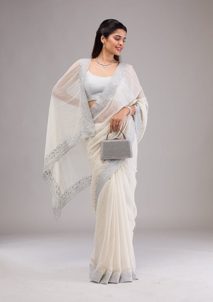 Beige Threadwork Georgette Saree-Koskii