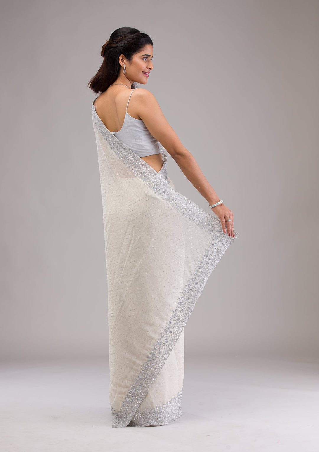 Beige Threadwork Georgette Saree-Koskii