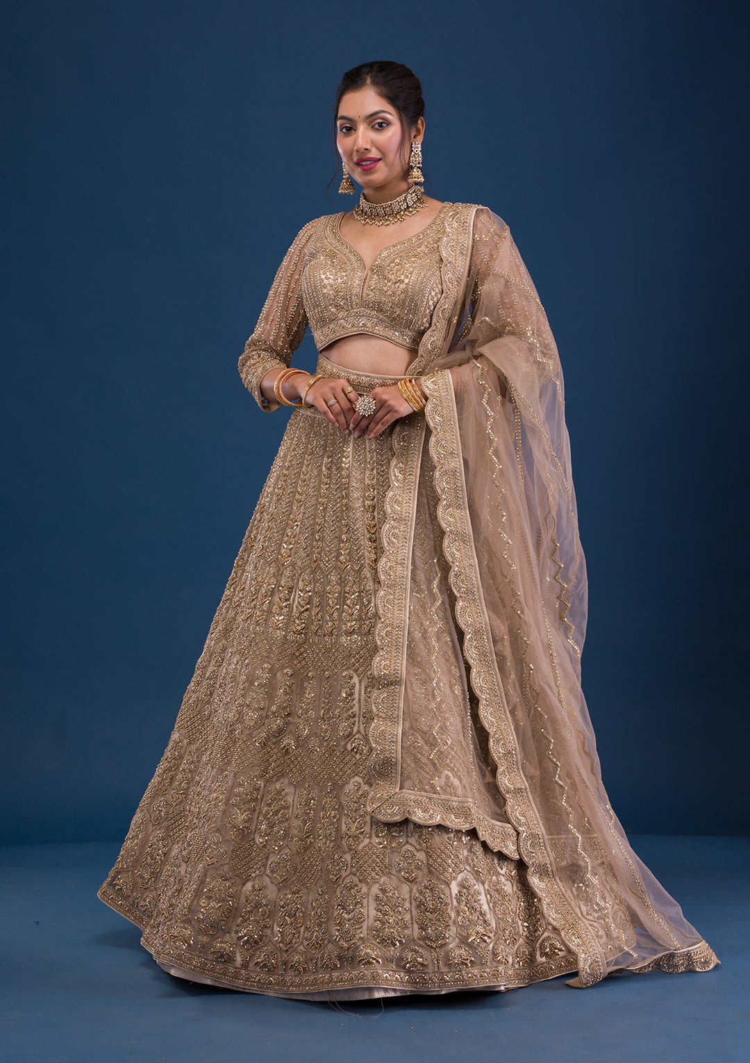 Beige Threadwork Net Readymade Lehenga-Koskii