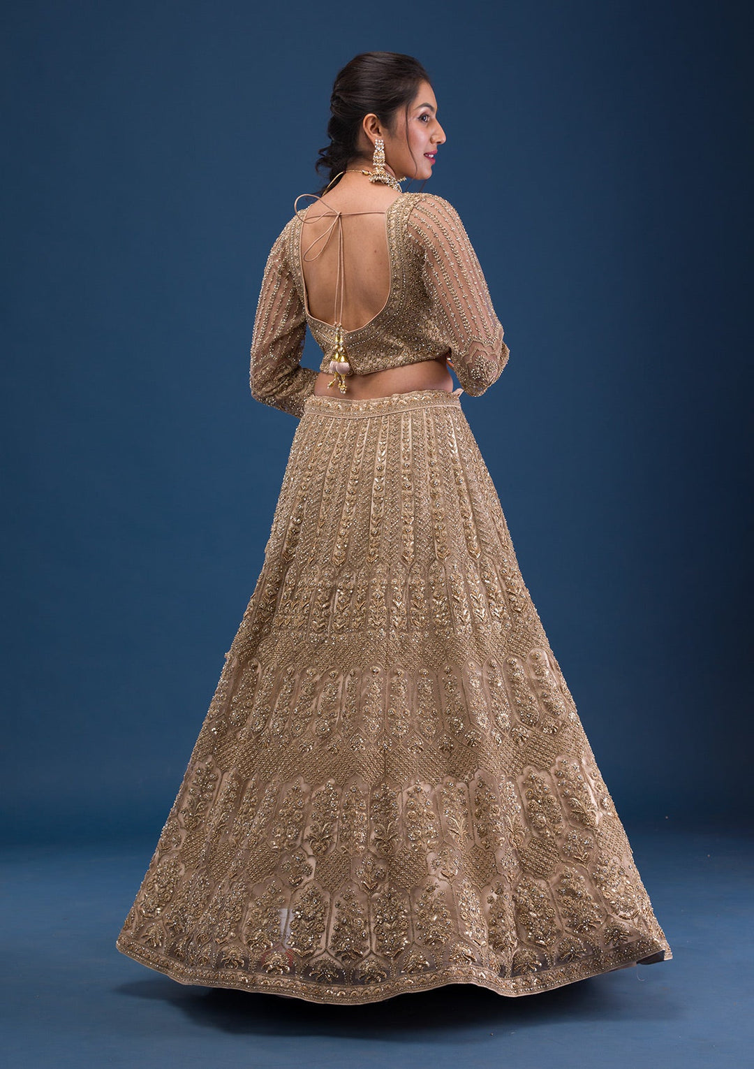 Beige Threadwork Net Readymade Lehenga-Koskii
