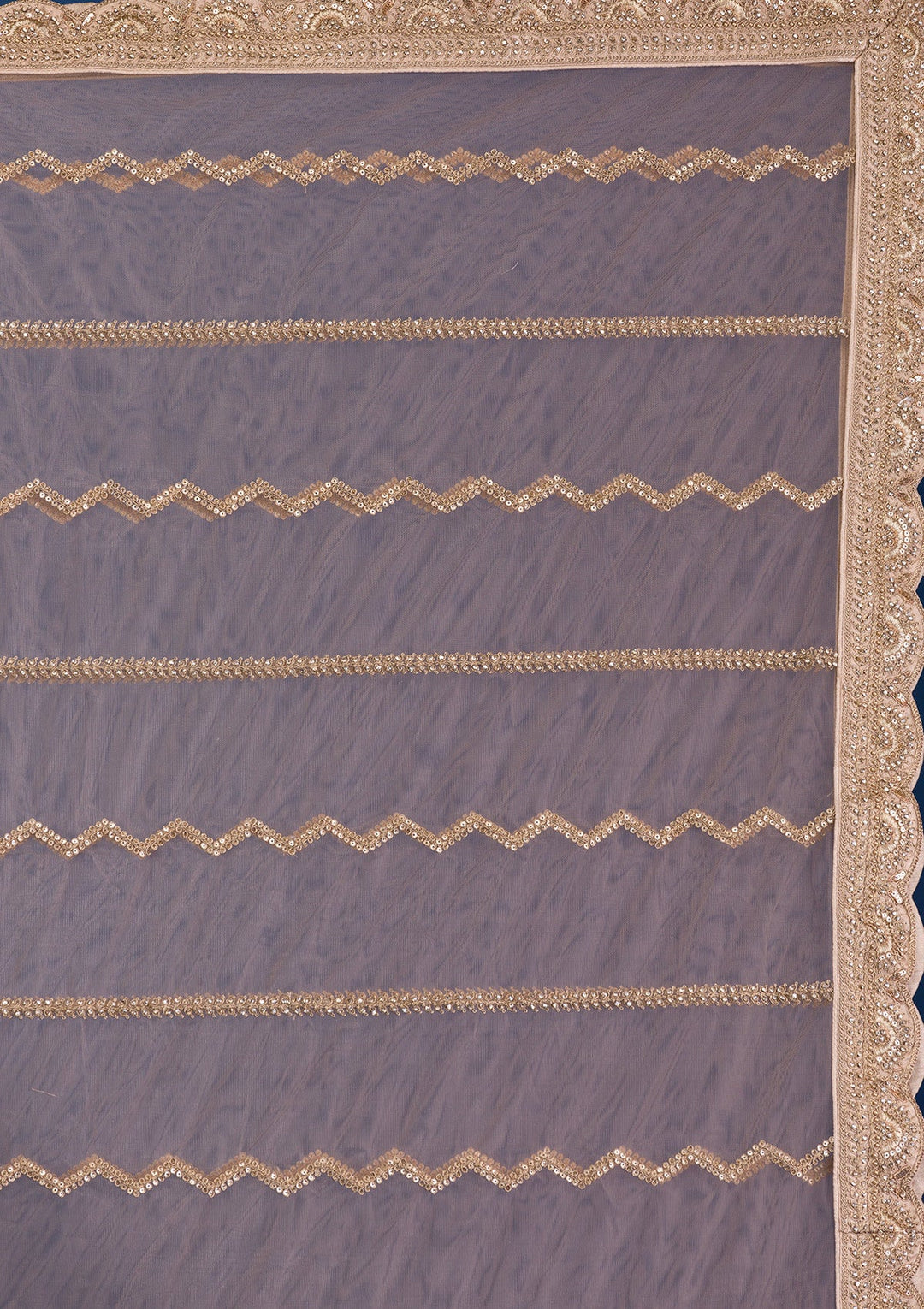 Beige Threadwork Net Readymade Lehenga-Koskii