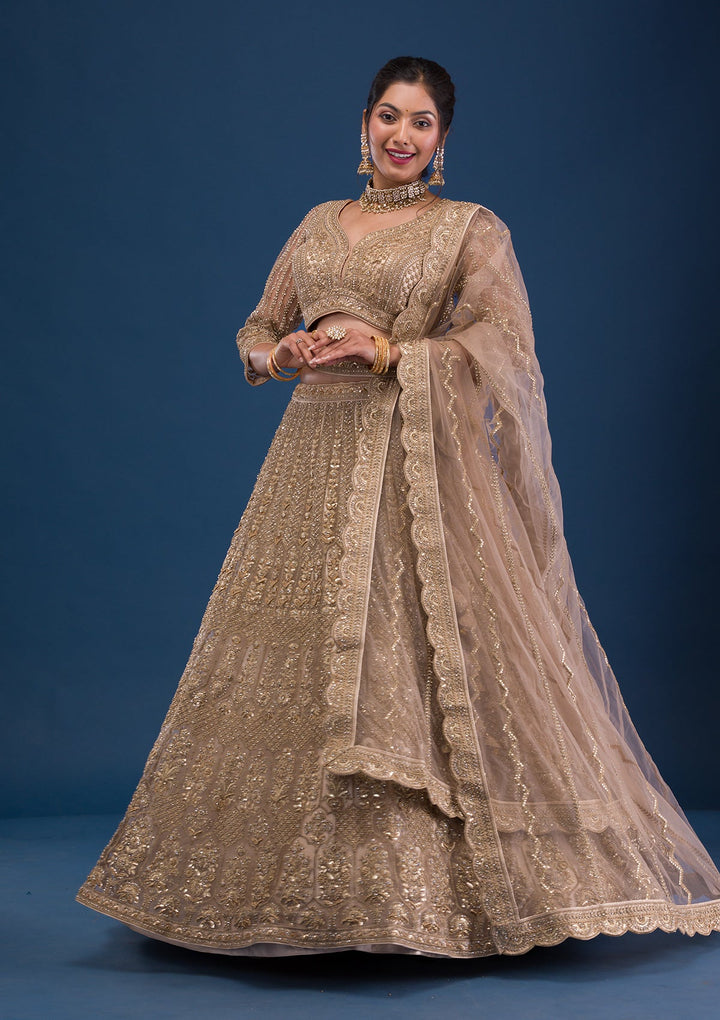 Beige Threadwork Net Readymade Lehenga-Koskii