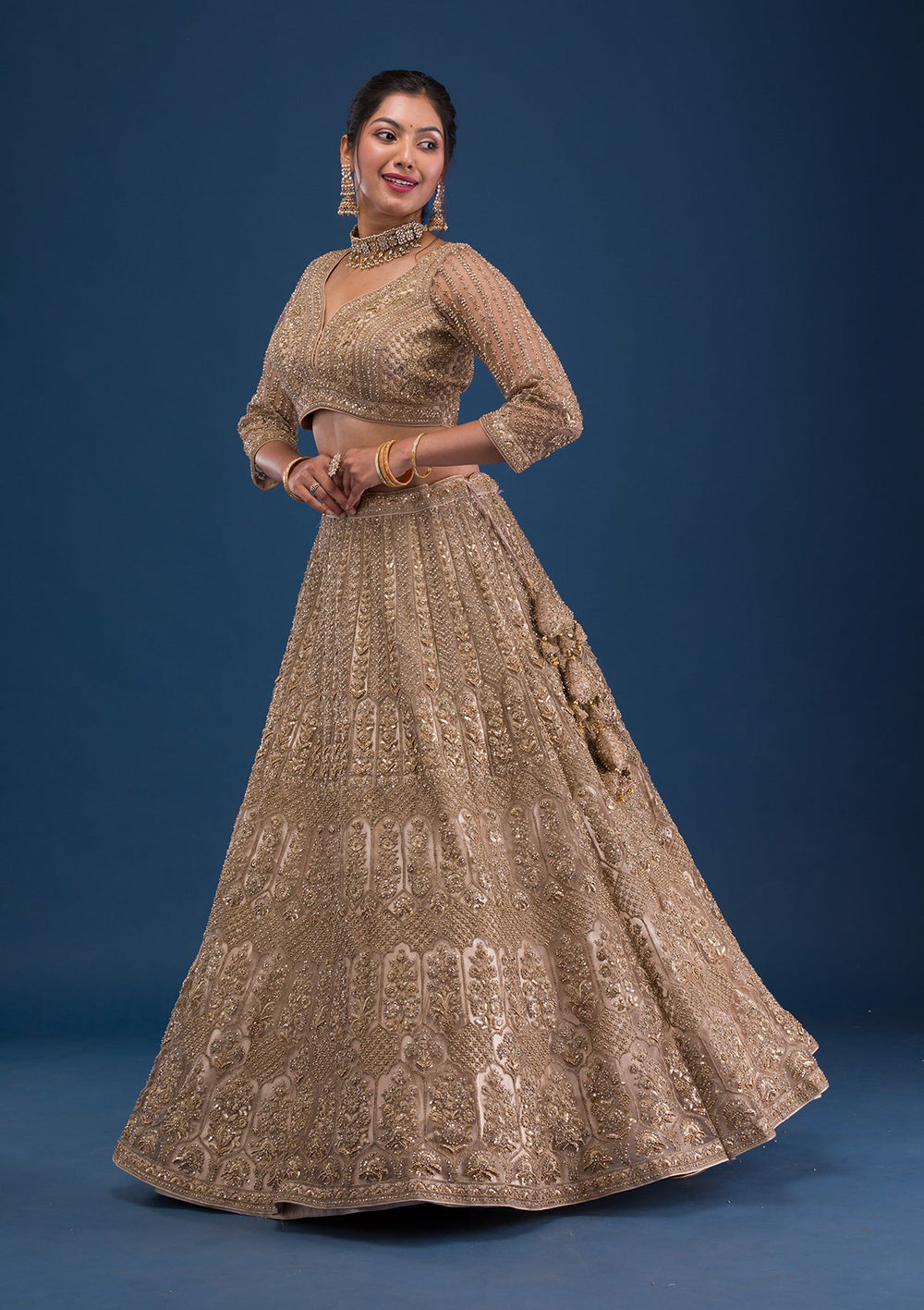 Beige Threadwork Net Readymade Lehenga-Koskii