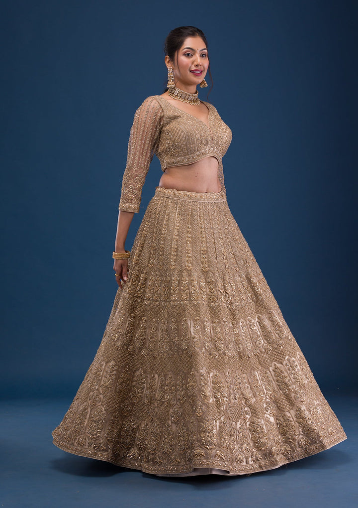 Beige Threadwork Net Readymade Lehenga-Koskii