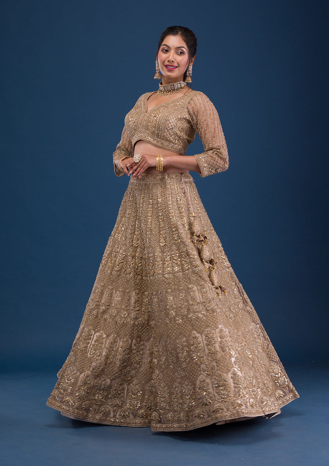 Beige Threadwork Net Readymade Lehenga-Koskii