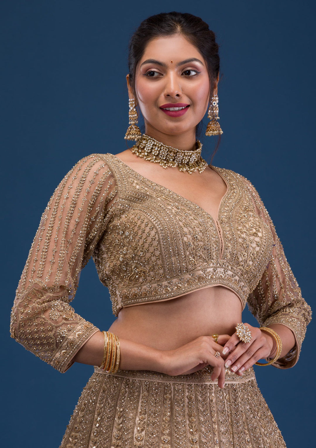 Beige Threadwork Net Readymade Lehenga-Koskii