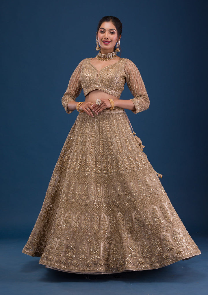 Beige Threadwork Net Readymade Lehenga-Koskii