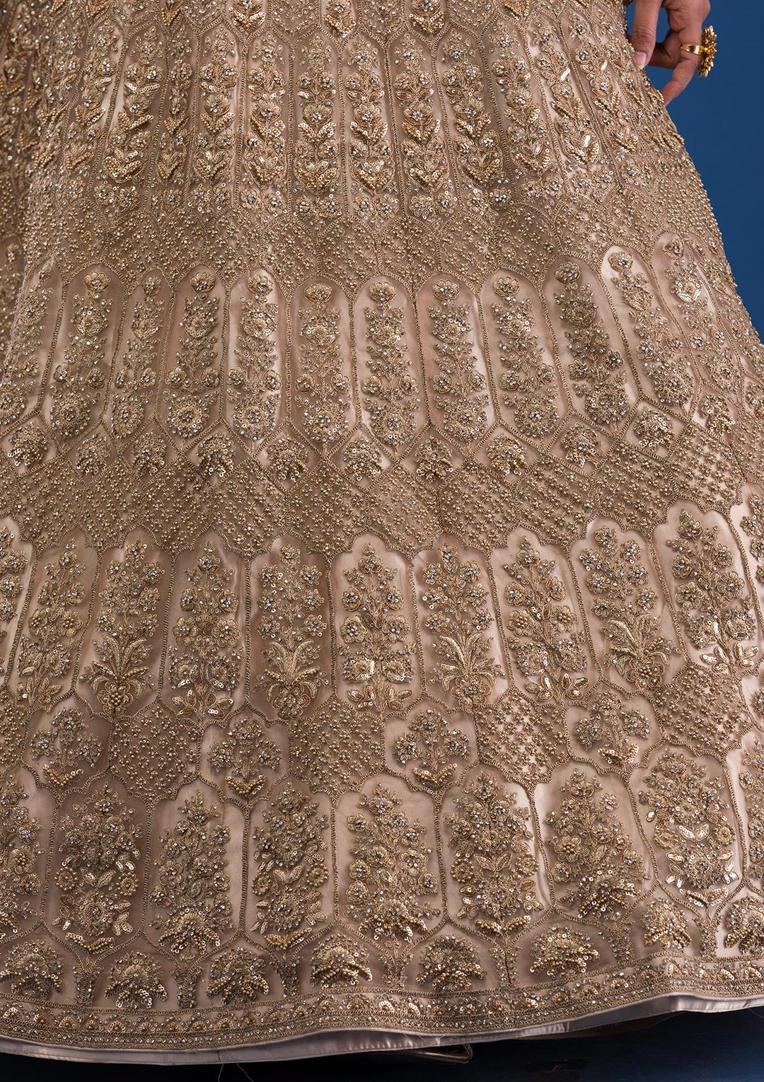 Beige Threadwork Net Readymade Lehenga-Koskii