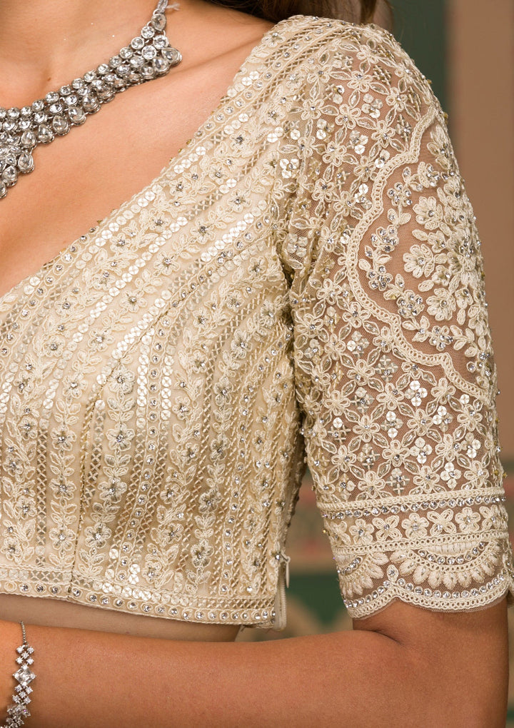 Beige Threadwork Net Semi Stitched Lehenga