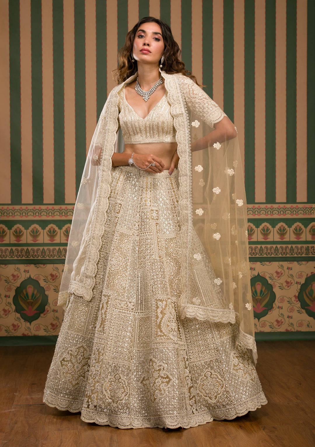 Beige Threadwork Net Semi Stitched Lehenga