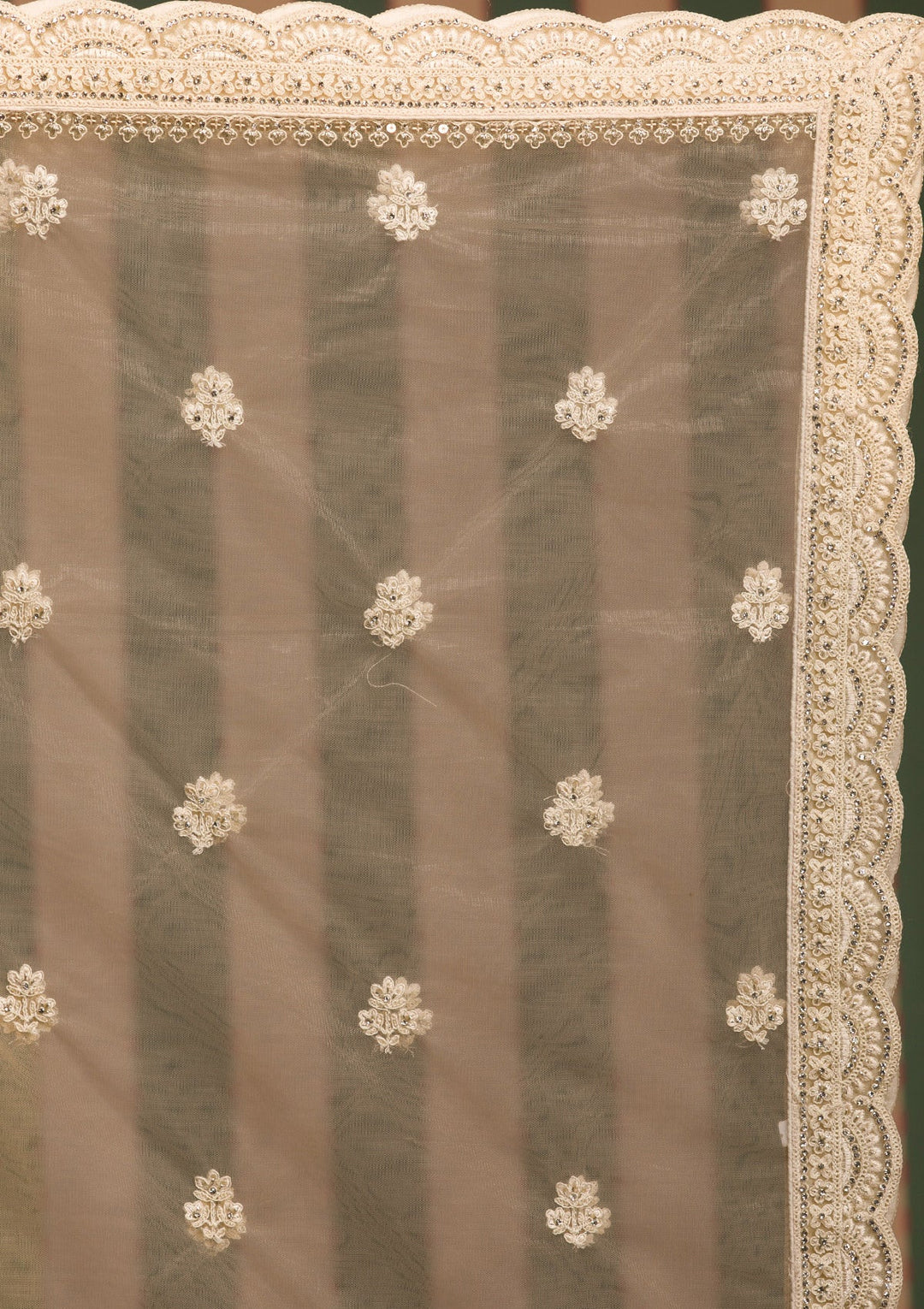 Beige Threadwork Net Semi Stitched Lehenga