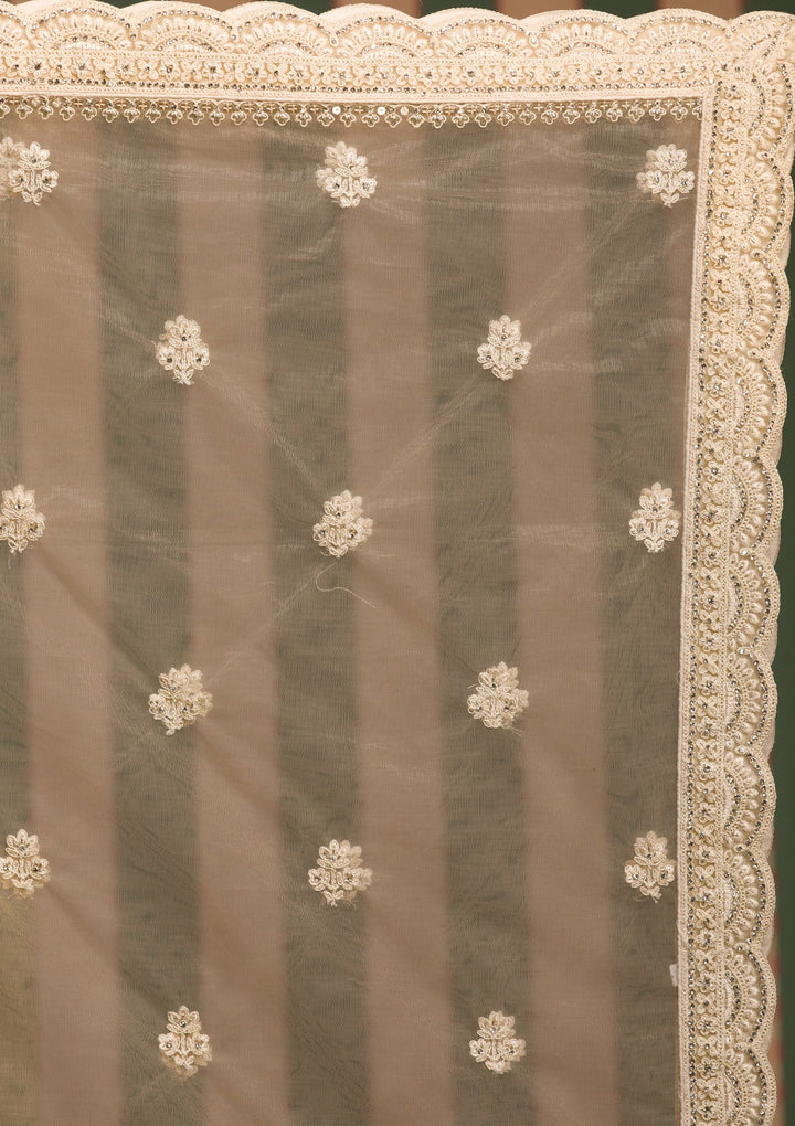 Beige Threadwork Net Semi Stitched Lehenga