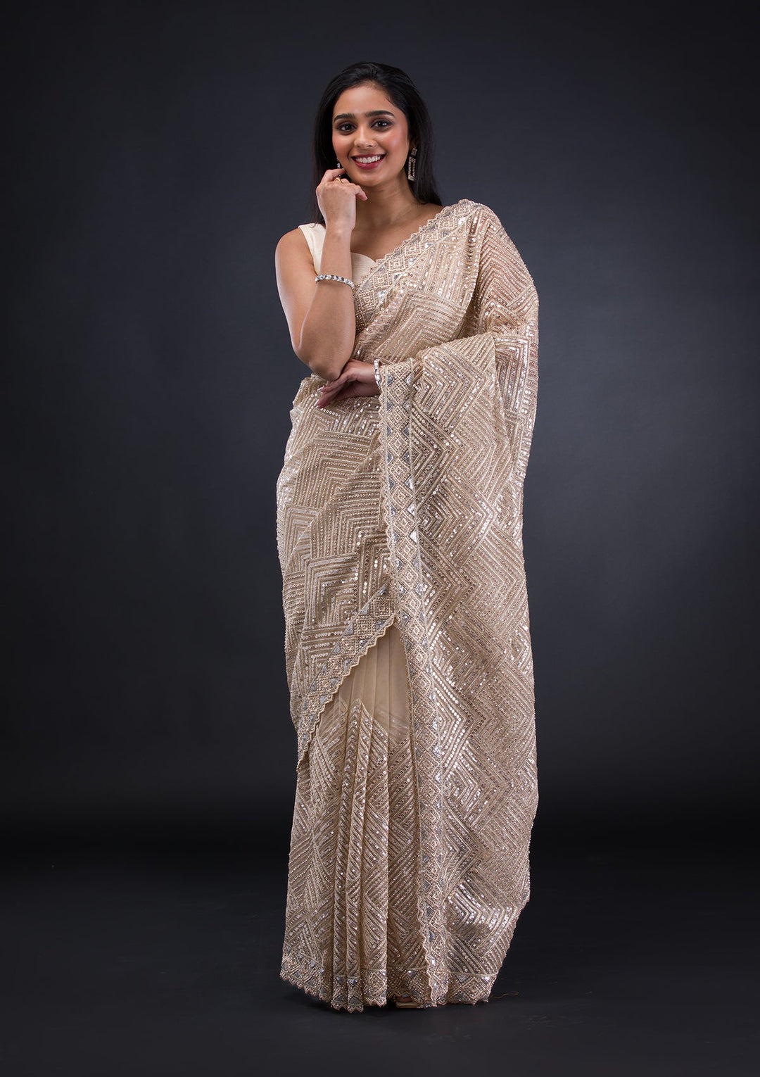 Beige Threadwork Net Saree-Koskii