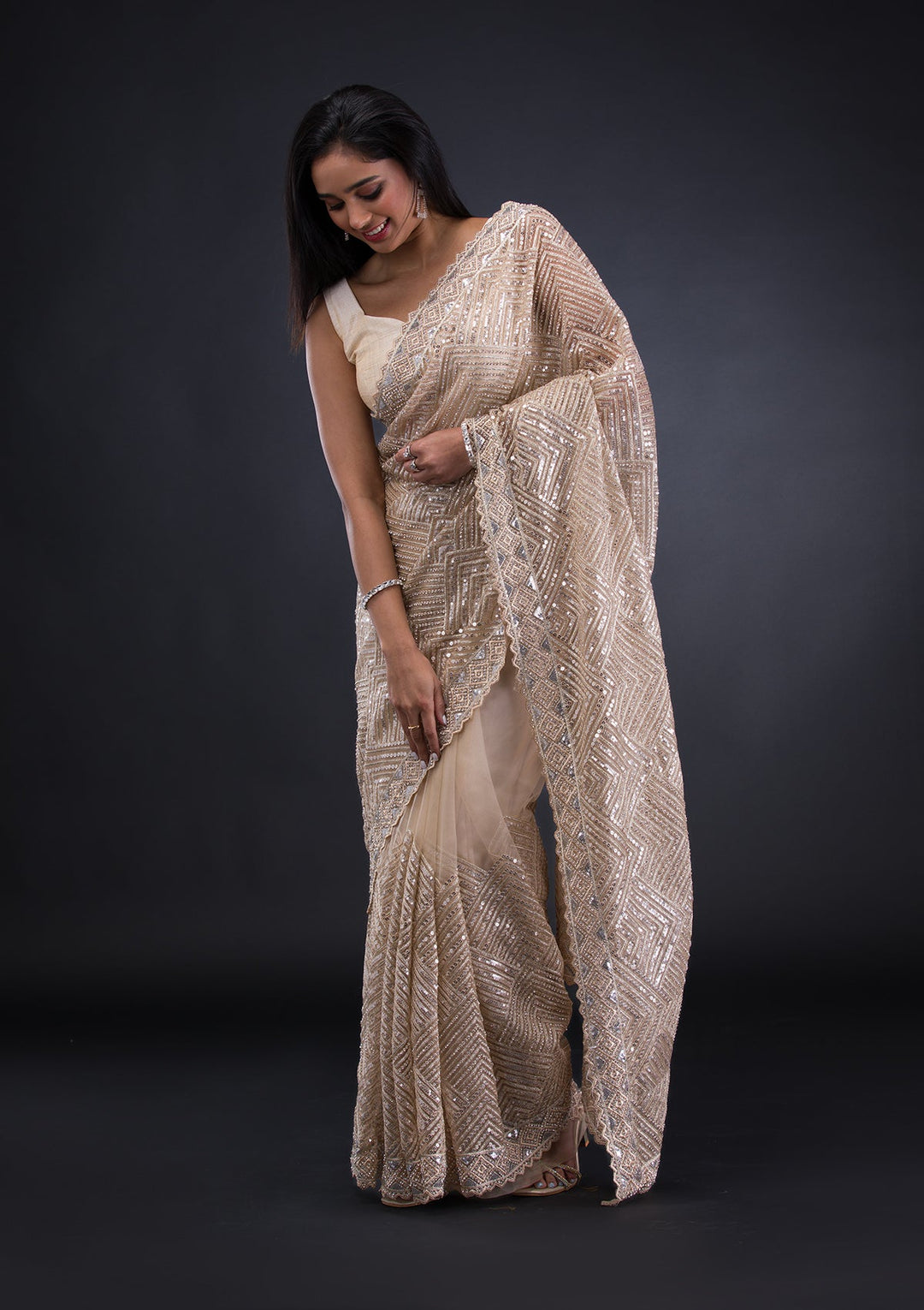 Beige Threadwork Net Saree-Koskii