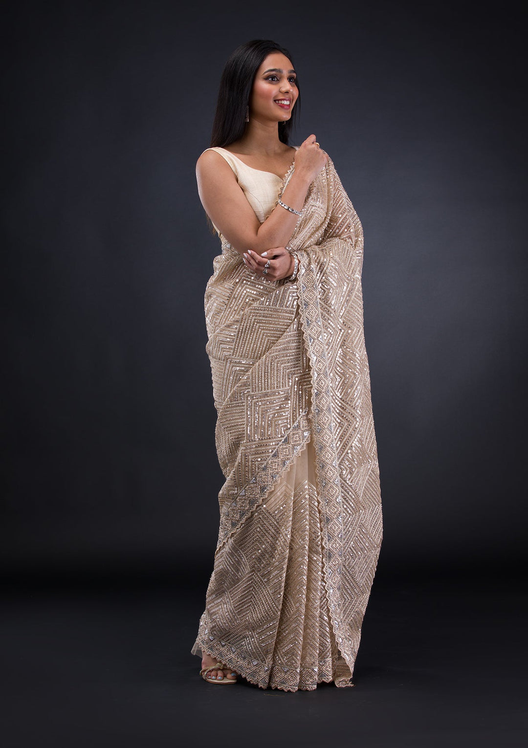 Beige Threadwork Net Saree-Koskii
