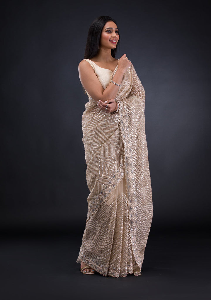 Beige Threadwork Net Saree-Koskii