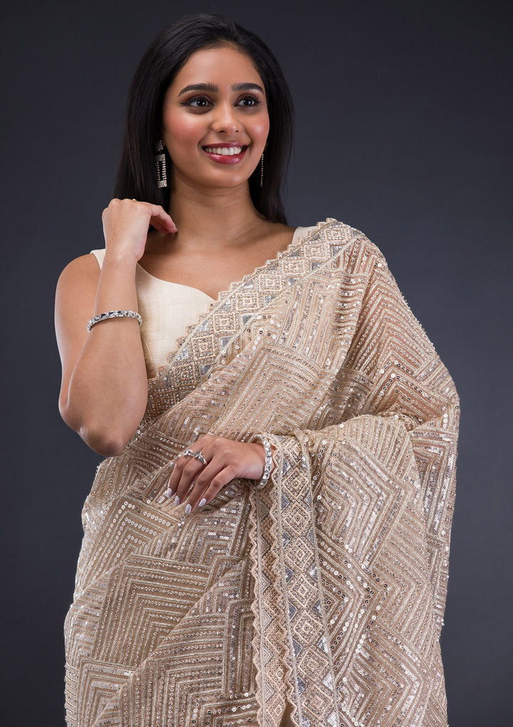 Beige Threadwork Net Saree-Koskii