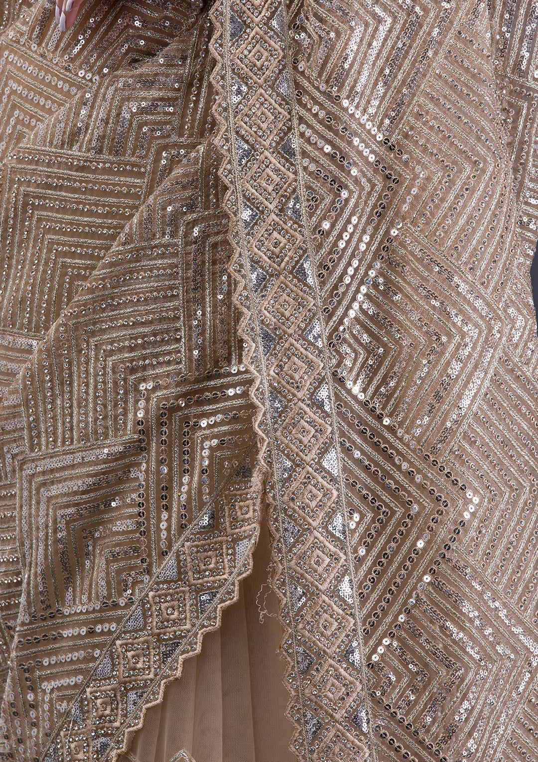 Beige Threadwork Net Saree-Koskii