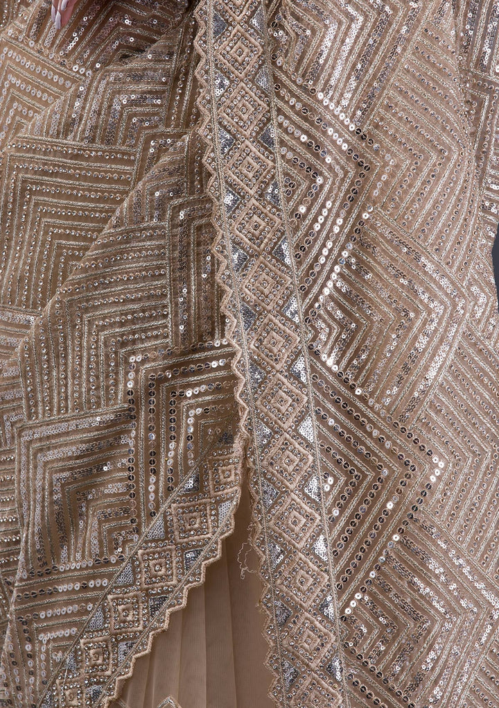 Beige Threadwork Net Saree-Koskii