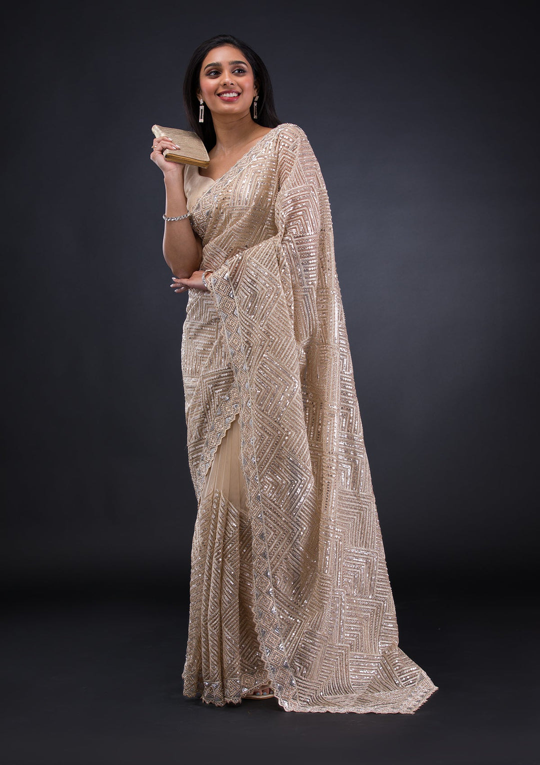 Beige Threadwork Net Saree-Koskii