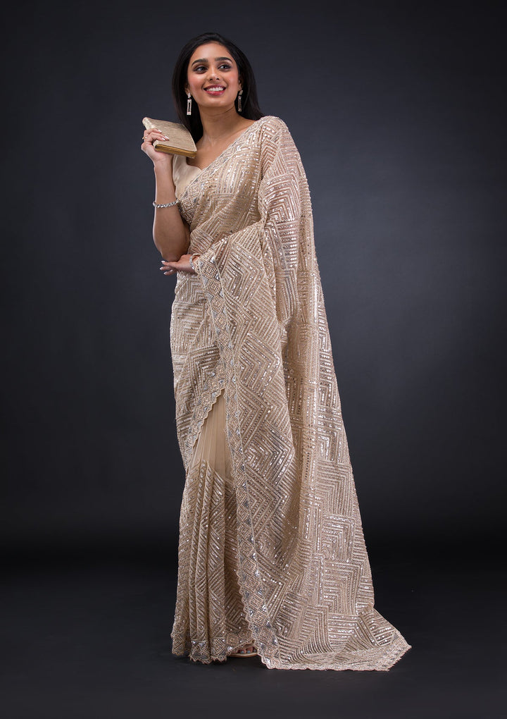 Beige Threadwork Net Saree-Koskii