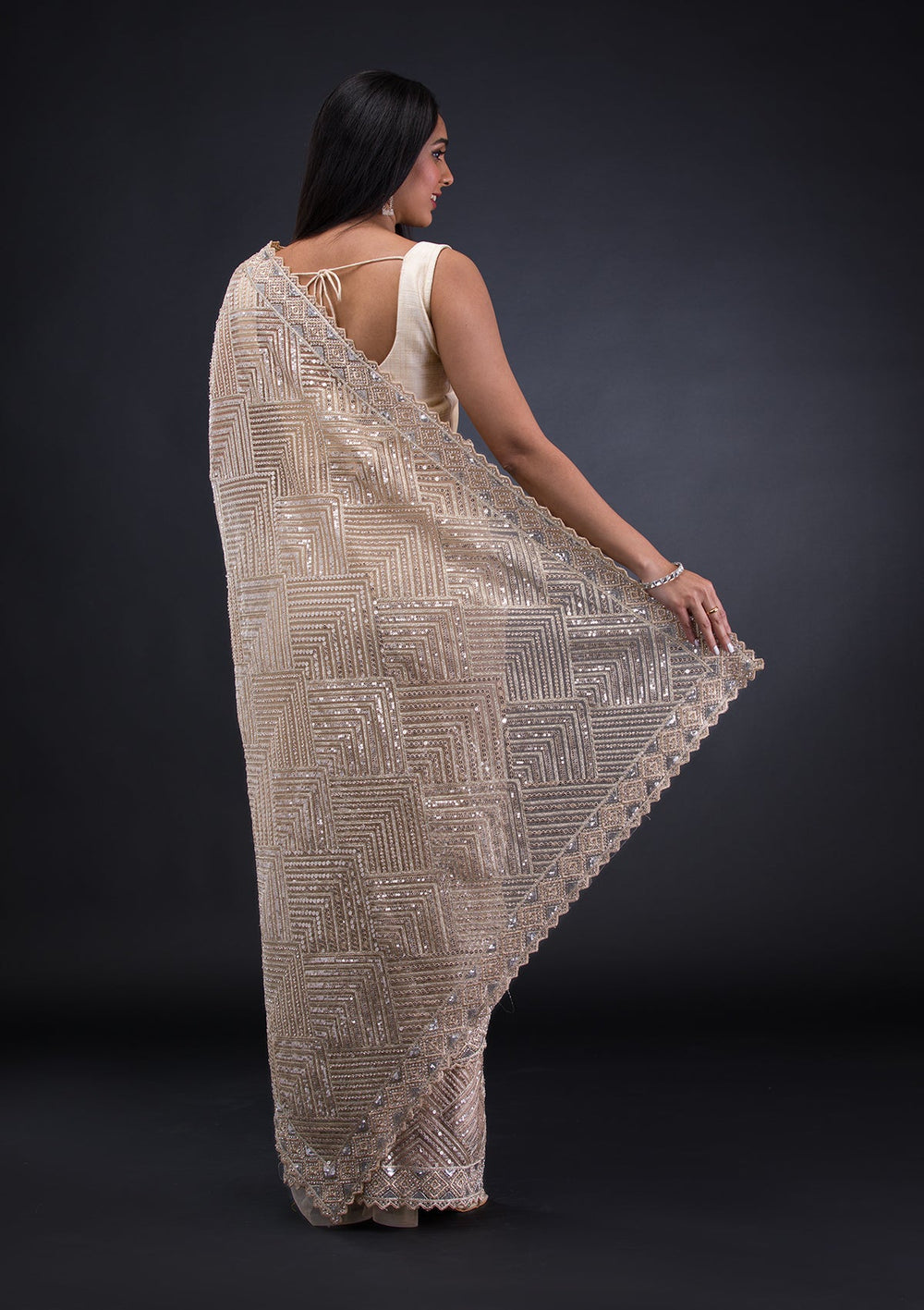 Beige Threadwork Net Saree-Koskii