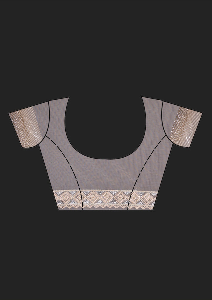 Beige Threadwork Net Saree-Koskii