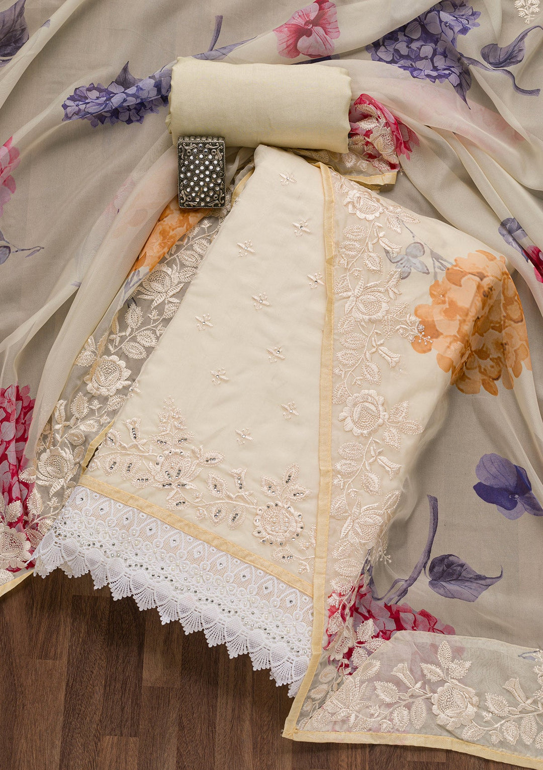 Beige Threadwork Organza Unstitched Salwar Suit-Koskii