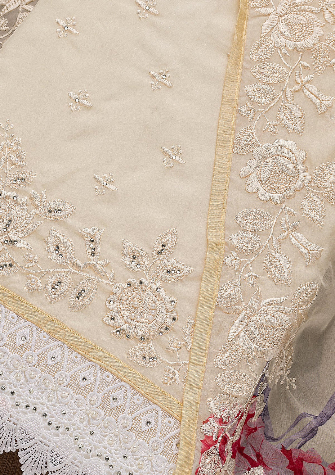 Beige Threadwork Organza Unstitched Salwar Suit-Koskii