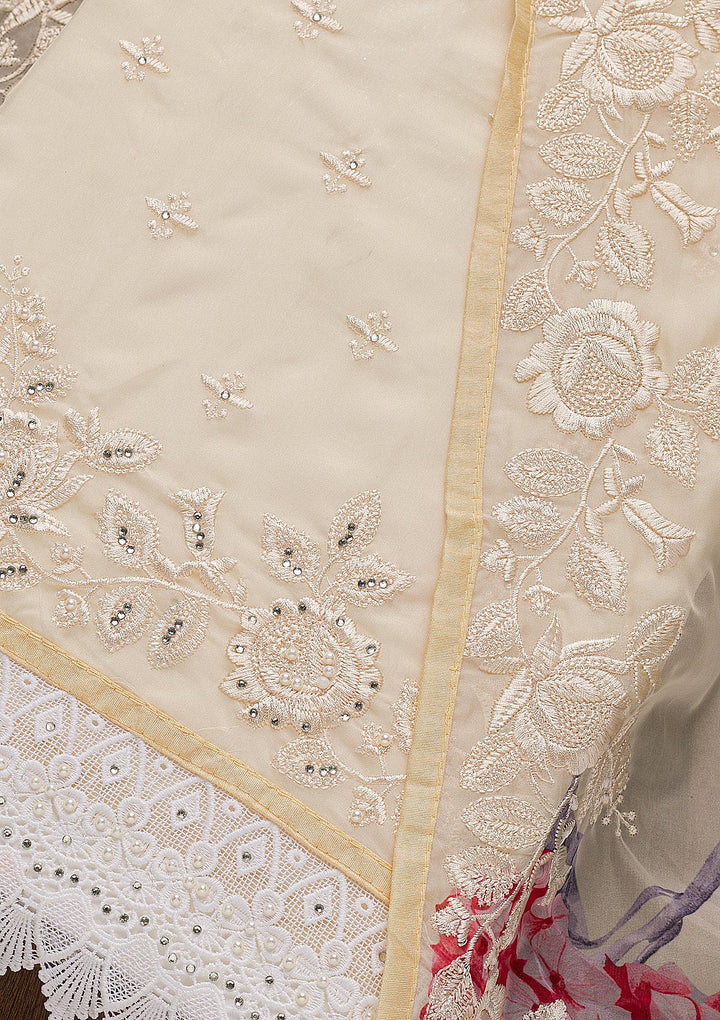 Beige Threadwork Organza Unstitched Salwar Suit-Koskii