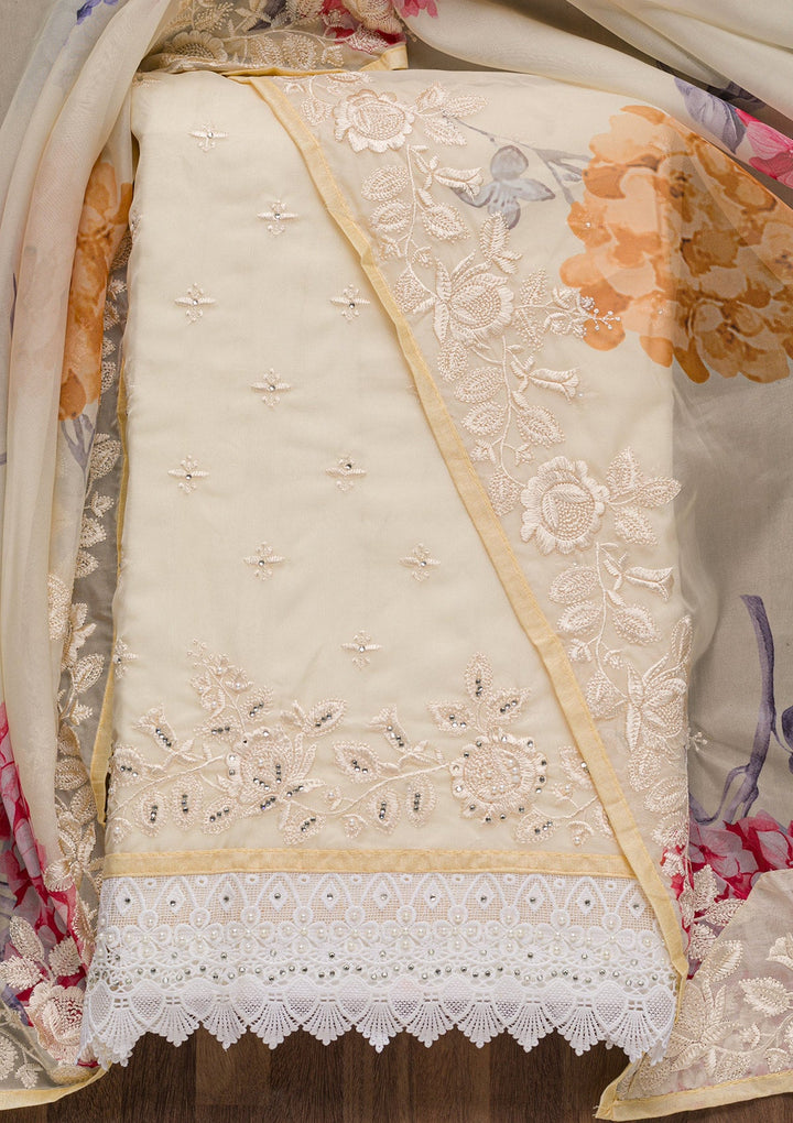 Beige Threadwork Organza Unstitched Salwar Suit-Koskii