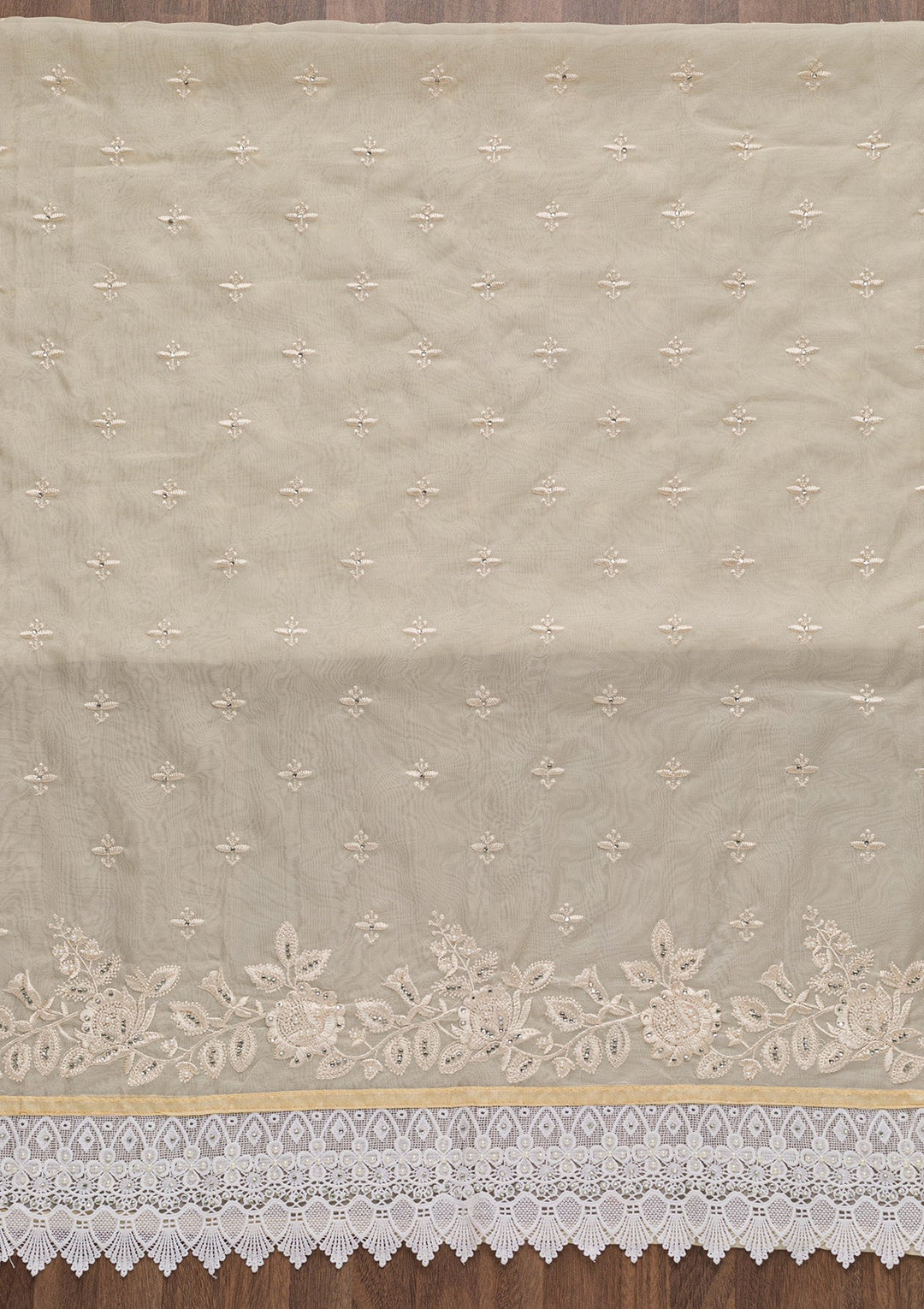 Beige Threadwork Organza Unstitched Salwar Suit-Koskii